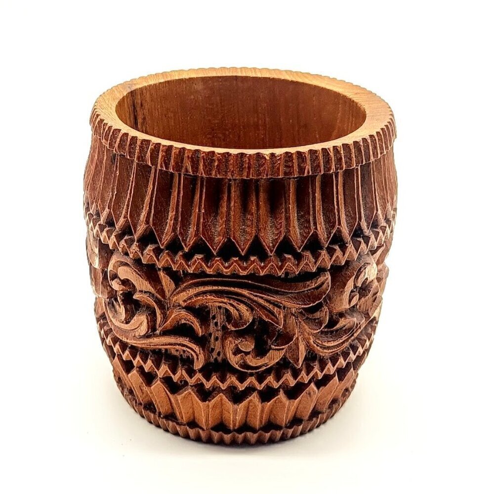 Vintage Carved Wood Cup Utensil Crock